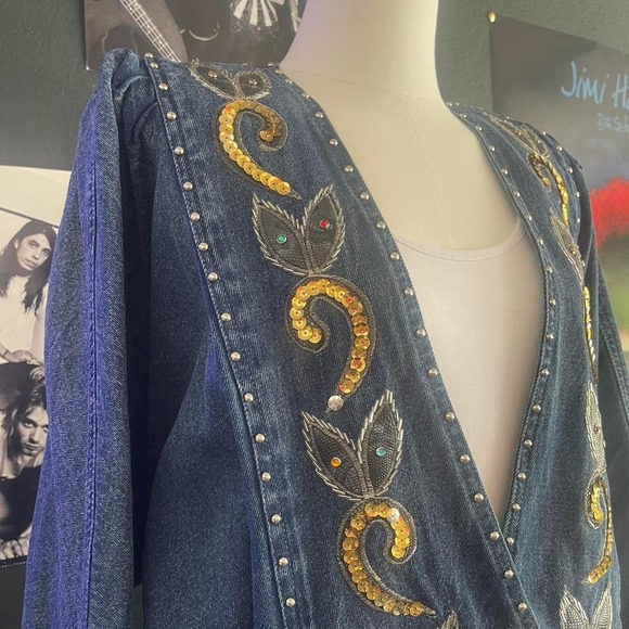 Vintage 80s embroidered denim duster jacket with studs rhinestones and sequins - Picture 3 of 9